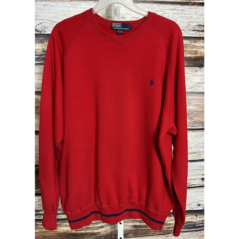 Polo Ralph Lauren Men's Crewneck Sweatshirt Red Large Vintage Blue Stripe Pony